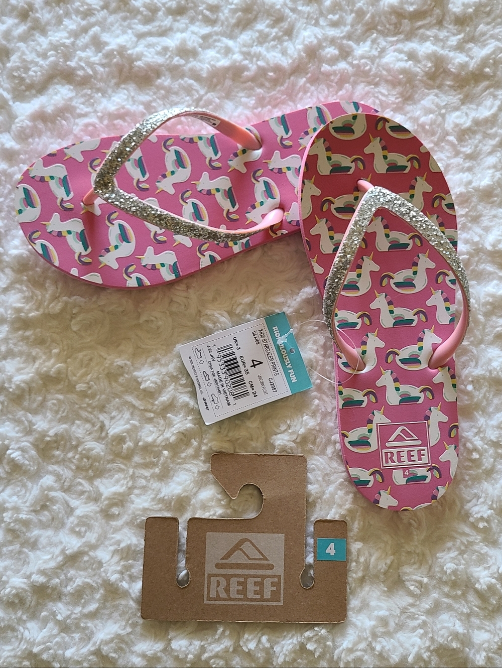 Reef NWT Kids Stargazer Prints Flip Flops Pink & Wht Unicorn Float Size 4 EUR 35